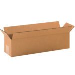 An empty long, rectangular cardboard box with open flaps, labeled MH-USA 20 x 5 x 5 Long Corrugated Boxes (25/Bundle), is set against a plain white background.