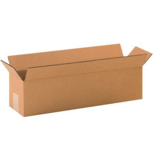 An empty long, rectangular cardboard box with open flaps, labeled MH-USA 20 x 5 x 5 Long Corrugated Boxes (25/Bundle), is set against a plain white background.