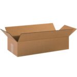 An open brown MH-USA 20 x 8 x 4 long corrugated box with outward flaps sits against a white backdrop, revealing an empty interior and showcasing its rectangular design and slightly glossy finish. Sold in bundles of 25, ideal for packaging needs.