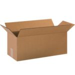 An empty MH-USA 20 x 8 x 8 long corrugated box from a bundle of 25 is shown on a plain white background with its flaps raised and slightly angled outwards.