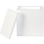 The MH-USA 8 x 6 x 9 Insulated Foam Containers, in a set of eight per case, have a white styrofoam rectangular design with a textured surface adorned with small dimples and a slightly tilted lid that reveals their hollow interior.