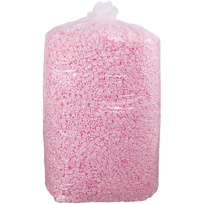 20NUTSAS.jpg A large clear plastic bag containing MH-USA 20 Cubic Feet Pink Anti-Static Loose Fill is upright, with the packing peanuts compactly packed and securely sealed at the top.