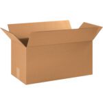 An MH-USA 21 x 10 x 10 corrugated box from a bundle of 25 is open, with upright flaps revealing an empty interior, set against a plain white background.