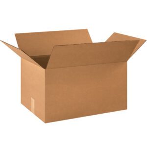 An open brown cardboard box labeled MH-USA 21 x 14 x 10 Corrugated Boxes (20/Bundle) stands against a plain white background, with its flaps upright and revealing the empty interior.