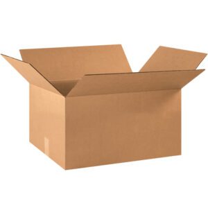 An open MH-USA corrugated box (21 3/8 x 15 5/8 x 12 5/8) with flaps extended, displayed on a white background.