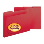 The Smead Pressboard File Folder (model 21538) is bright red, has a 1-inch expansion, reinforced sides for durability, fits letter-size documents, and includes 1/3-cut tabs for labeling. Available in boxes of 25.