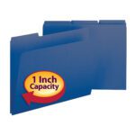 Dark blue Smead Pressboard File Folders, 1/3-cut tab, with a 1 expansion, showcase outstanding storage capacity and are labeled 1 Inch Capacity in vibrant red and yellow. Sold in boxes of 25 (21541), they highlight their thickness when displayed open.