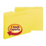 The Smead Pressboard File Folder (21562) features a yellow 1/3-cut tab design and 1 Inch Capacity label in red within a gold circle. With 25 folders per box, these letter-size folders combine style and functionality with easily visible tabs.