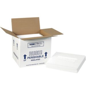 An open cardboard box labeled Thermo Chill Insulated Shipper displays Rush! Perishable Insulated in bold, with a white styrofoam lid beside it, showcasing packaging akin to the MH-USA 10 1/2 x 8 1/4 x 9 1/4 Insulated Shipping Kit (2/Case) for sensitive items.