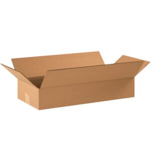 A rectangular MH-USA 22 x 10 x 4 flat corrugated box with flaps rests on a white background, angled to display its roomy interior, ideal for various packaging needs.