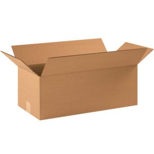 An open, empty MH-USA 22 x 10 x 8 long corrugated box with outward-folded flaps is shown on a plain white background, highlighting its sturdy design. These boxes are sold in bundles of 20.