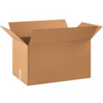 An empty MH-USA 22 x 12 x 12 corrugated cardboard box with extended flaps, showcasing its sturdy brown material, sits against a white background. Its part of a bundle of 20.