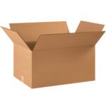 An open, empty brown MH-USA 22 x 14 x 10 corrugated box with flaps extended outward is set against a plain white background.