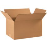 Showcased is an open, empty MH-USA 22 x 14 x 12 light brown corrugated box with flaps extended outward against a white background, available in convenient bundles of 20.