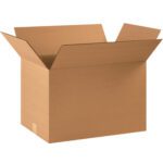 Against a plain white background, a large open cardboard box with outward flaps displays its brown texture and rectangular shape. This is one of the MH-USA 22 x 14 x 14 Corrugated Boxes (20/Bundle), ideal for versatile storage solutions.
