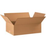 An open MH-USA 22 x 14 x 8 corrugated box from a set of 20/bundle, with flaps spread outward, rests against a plain white background.
