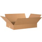 Empty cardboard box with extended flaps on a white background, showcasing the MH-USA 22 x 16 x 4 Flat Corrugated Boxes (25/Bundle).