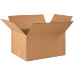 A brown MH-USA 22 x 17 x 12 corrugated box, part of a versatile and durable 10/Bundle set, sits open with outward flaps against a white backdrop, revealing its interior lining. Perfect for all your packing needs.