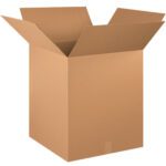 An upright MH-USA 22 x 22 x 24 corrugated box with extended flaps is set against a white background. Made from durable brown cardboard, this empty box is ideal for various storage or shipping needs and comes in bundles of ten.