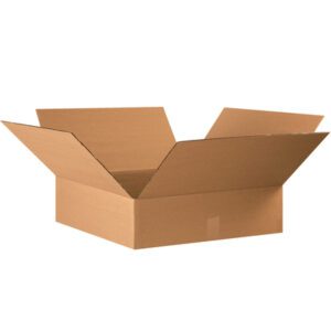 An empty MH-USA 22 x 22 x 6 Flat Corrugated Box from a bundle of 15 sits on a plain white background, with its brown cardboard flaps extended outward at an angle.