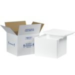 The scene features the MH-USA 12 x 10 x 9 Insulated Shipping Kit, a styrofoam cooler with a lid, next to an open cardboard box marked with blue text and arrows saying Perishable This Side Up and Rush Perishable Insulated for secure transportation.