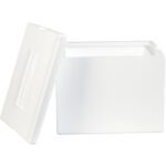 The MH-USA 12 x 10 x 9 Insulated Foam Containers, white and rectangular with a detached lid featuring a recessed handle, are displayed against a plain white background.