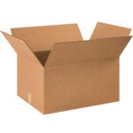 Against a white backdrop, an MH-USA 23 x 17 x 12 corrugated box from the bundle of ten stands with its flaps extended outward.