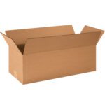 Displayed against a white background, this open brown cardboard box with its flaps up is an empty rectangular MH-USA 24 x 10 x 8 long corrugated box, ideal for shipping or storage.