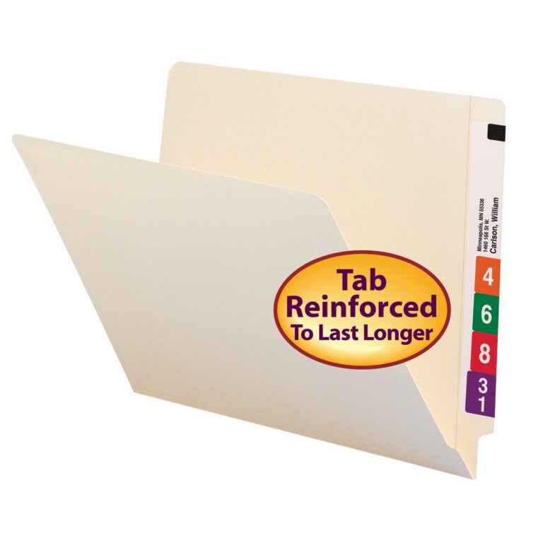 24109_C1.jpg Image of a Manila folder with multicolored tabs labeled 4, 6, 8, and 3. A purple and yellow oval sticker on the folder reads Smead End Tab File Folder, Shelf-Master Reinforced Straight-Cut Tab To Last Longer.