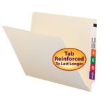 The Smead End Tab File Folder features a Shelf-Master® Reinforced Straight-Cut Tab and comes in manila color. Numbered tabs 4, 6, 8, and 3 are built for durability. A circular sticker states Tab Reinforced To Last Longer, making it perfect for organizing letter-size documents.