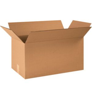 An MH-USA 24 x 12 x 12 long corrugated box with outward flaps stands empty against a white background, ready for packing or storage, from a bundle of 20.