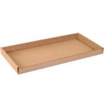 The 24 x 12 x 1 3/4 Kraft Corrugated Trays (50/Bundle) have shallow sides and a flat rectangular design, shown on a white background, making them ideal for versatile packaging solutions with ample supply.