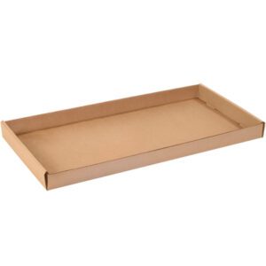The 24 x 12 x 1 3/4 Kraft Corrugated Trays (50/Bundle) have shallow sides and a flat rectangular design, shown on a white background, making them ideal for versatile packaging solutions with ample supply.