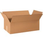 The MH-USA 24 x 12 1/2 x 8 corrugated box, displayed open with flaps outward on a plain white background, reveals a spacious interior that highlights its practical design and durability.