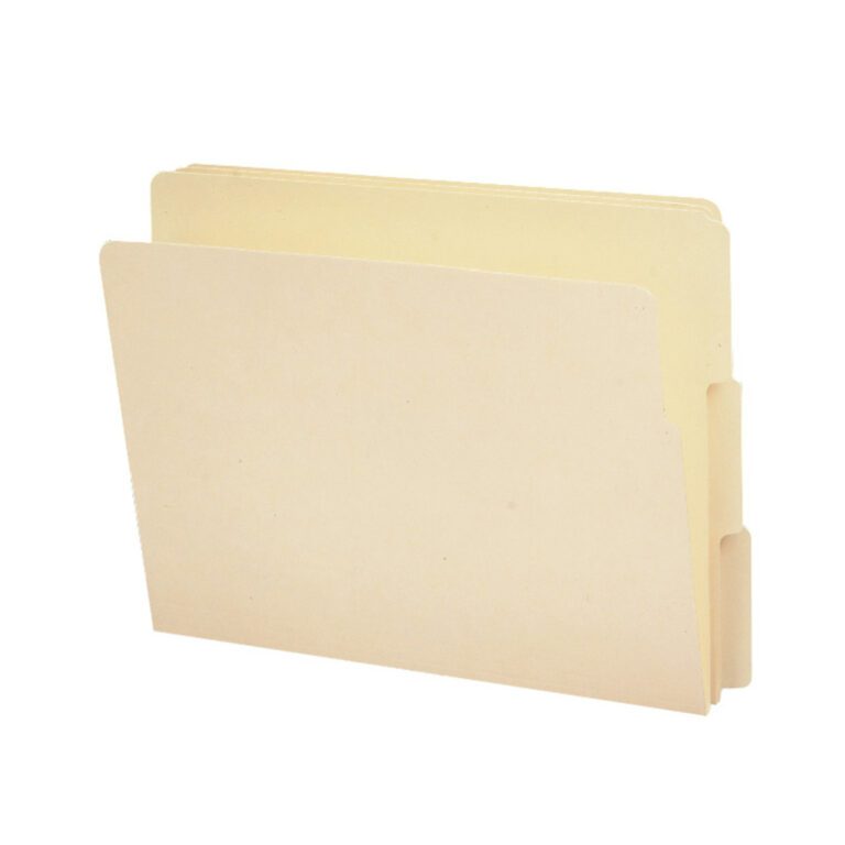 A manila Smead End Tab File Folder with a 1/3-cut tab, arranged one behind the other, open on a white background. Part of a 100 per Box (24130) set.