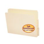 A beige letter-sized folder labeled Tab Reinforced to Last Longer features the Smead End Tab File Folder, Shelf-Master™ Reinforced 1/3-Cut Tab, Letter Size, Manila (24134) for enhanced durability.