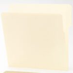 A Smead End Tab File Folder (letter size) in manila stands upright on a light background. Partially open, it reveals its light interior and features a reinforced 1/3-cut tab for easy labeling.