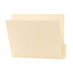 The slightly open Smead End Tab File Folder (24137) in plain, beige manila, rests against a white background, showcasing its reinforced 1/3-cut tabs at the top edge.