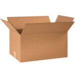 The MH-USA 24 x 14 x 12 corrugated boxes, bundled in sets of 20, sit open with flaps spread on a white background. Their basic yet sturdy design makes them ideal for shipping or storage.