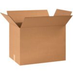 An open MH-USA corrugated box (24 x 14 x 20) with flaps folded outward stands upright on a white background, highlighting its sturdy material.