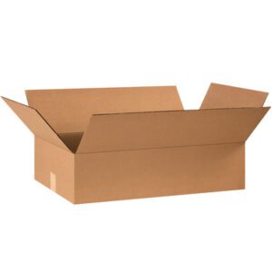 An empty plain, open cardboard box with flaps extended outward resembles MH-USA 24 x 14 x 6 Flat Corrugated Boxes (25/Bundle) against a white background.