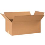 The MH-USA 24 x 15 x 10 corrugated box is open with its flaps spread outward, exposing an empty interior on a white backdrop. Its corrugated texture and rectangular shape highlight its robust design.