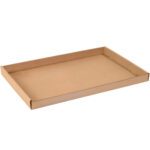 A flat, rectangular 24 x 15 x 1 3/4 kraft corrugated tray with slightly raised edges sits open and empty against a plain white background. These versatile trays are perfect for storage or display and come in bundles of 50, offering functionality and durability.
