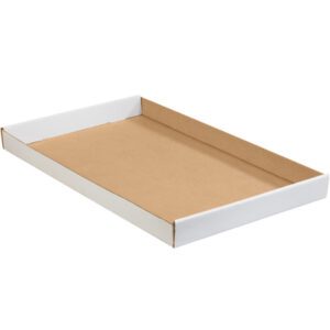 An MH-USA 24 x 15 x 1 3/4 white corrugated tray with a brown base and crisp white sides lies flat against a white background. This shallow rectangular tray, ideal for various uses, is part of a convenient bundle containing 50 trays.