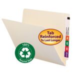 A partially open beige Smead End Tab 100% Recycled File Folder reveals a multicolored tab with numbers 4, 6, 8, 3, and 1. A green sticker reads 100% Recycled Stock, while a purple and orange oval sticker states Tab Reinforced To Last Longer. Ideal for letter-sized documents.