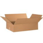 An open brown cardboard box with extended flaps, resembling the MH-USA 24 x 16 x 6 Flat Corrugated Boxes (20/Bundle), is displayed empty against a plain white background.