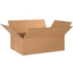 The MH-USA 24 x 16 x 8 corrugated box sits empty against a white background, highlighting its sturdy texture. Ideal for shipping, it comes in bundles of 20 for versatile packing solutions.