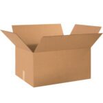 An MH-USA 24 x 18 x 12 corrugated box with raised flaps leans against a white backdrop, showcasing the durability inherent in each bundle of ten.