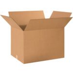 An open cardboard box with outward-folded flaps sits against a white background. It looks like an empty MH-USA 24 x 18 x 16 Corrugated Box, showing the standard brown corrugated cardboard texture.