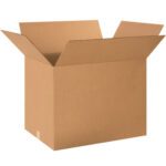 An open MH-USA 24 x 18 x 18 corrugated box with outward-folded flaps shows its brown interior and exterior against a white background. This versatile packaging solution, sold in bundles of ten, is perfect for shipping needs.